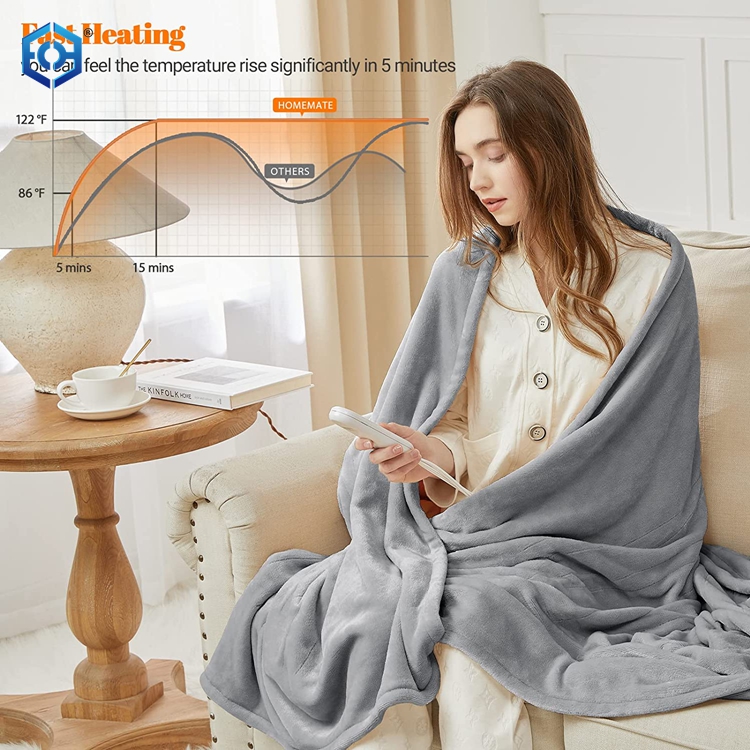 Electric Heated Blanket Dual Controller King Size 100"x 90" Grey,5 Heating Levels Fast Heating,10 Hours Auto Off, Heat Blanket Over-Heated Protection Double Soft Flannel,ETL Certified