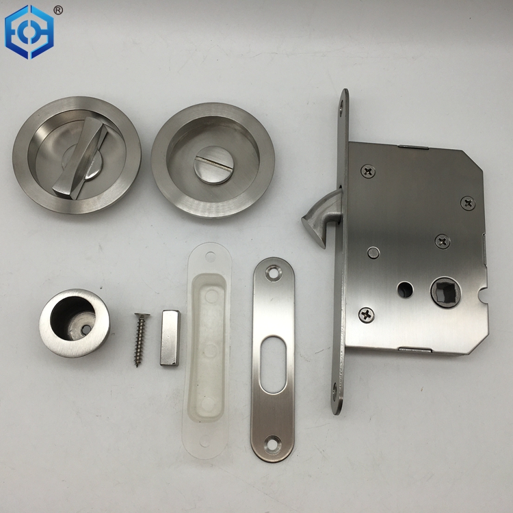 Sliding Pocket Door Mortise Lock with Round Trim 2" Backset Satin Stainless Steel 