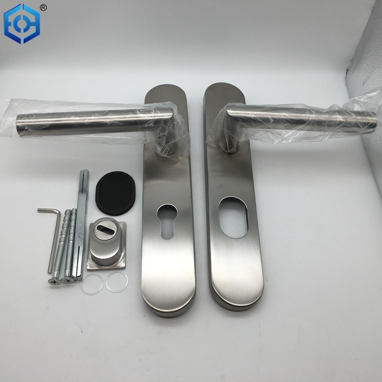 Stainless Steel Door Handle on Back Plate with Cylinder Hole