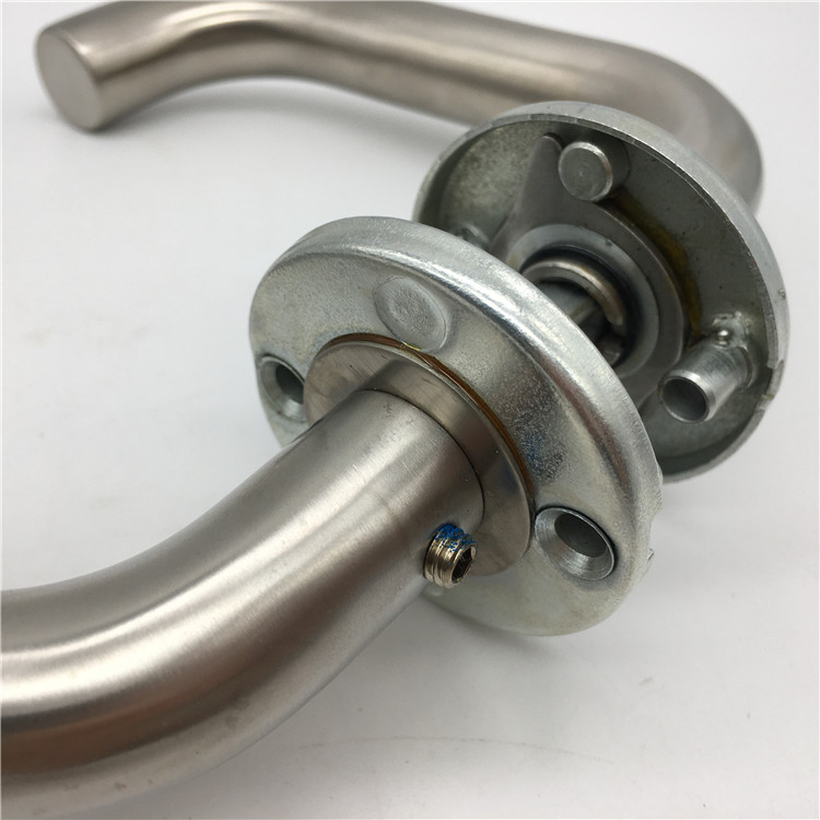 Fire Rated Lever on Rose Round Bar Return To Door Handle Pair Satin Stainless Steel 