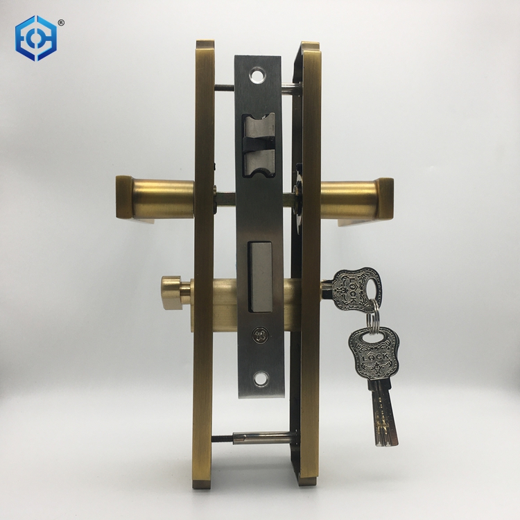 Antique Brass Interior Double Door Handles Lock Mortise Lock Set Security Lock