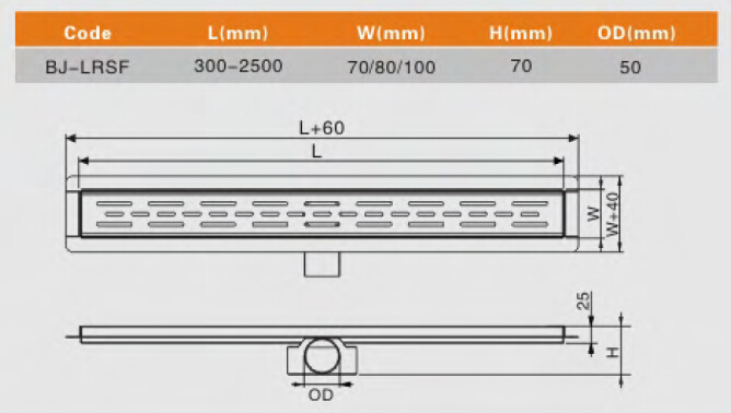 Linear Shower Drain with Stainless Steel Drain Grate