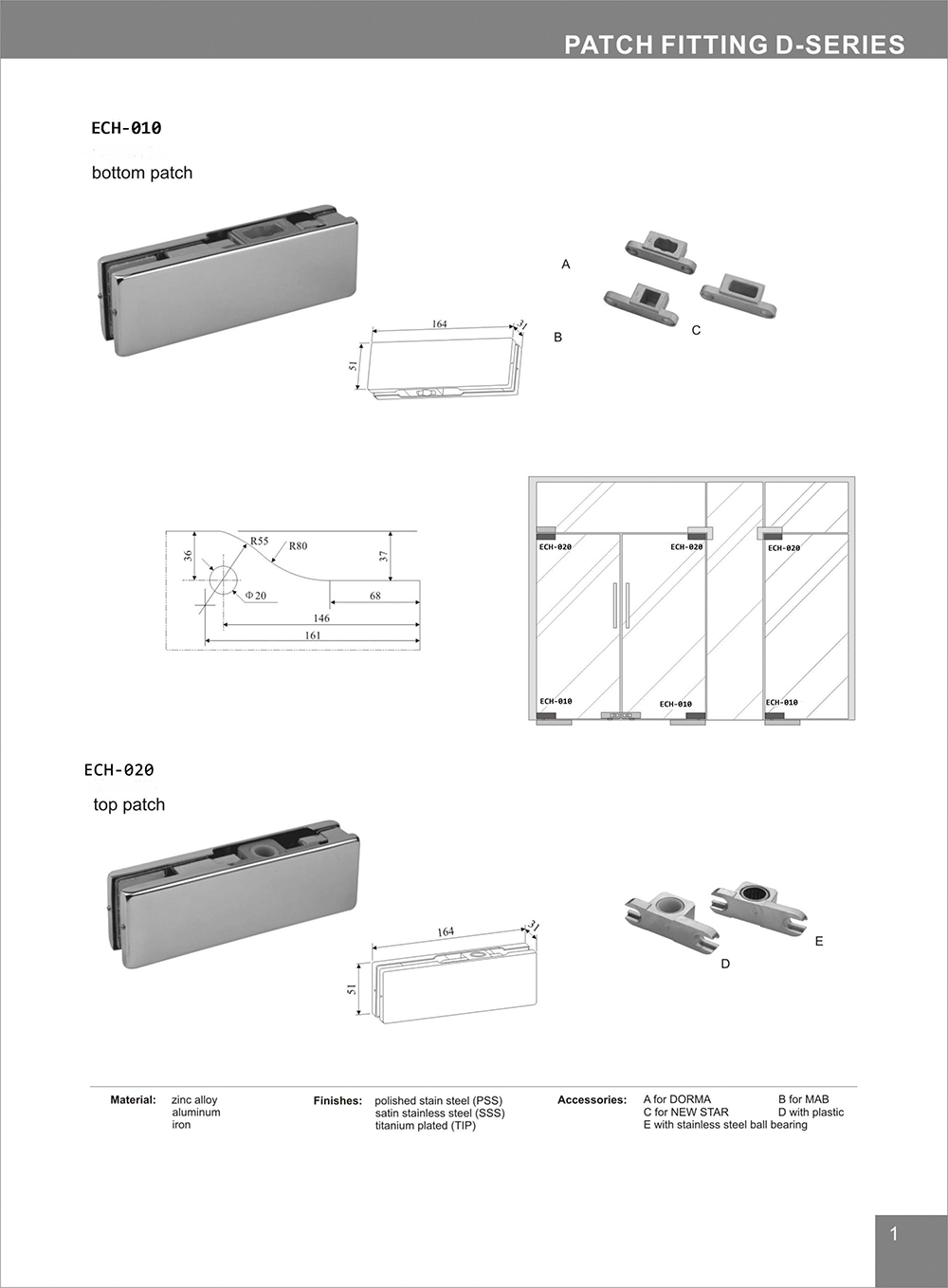 stainless steel glass door patch fitting